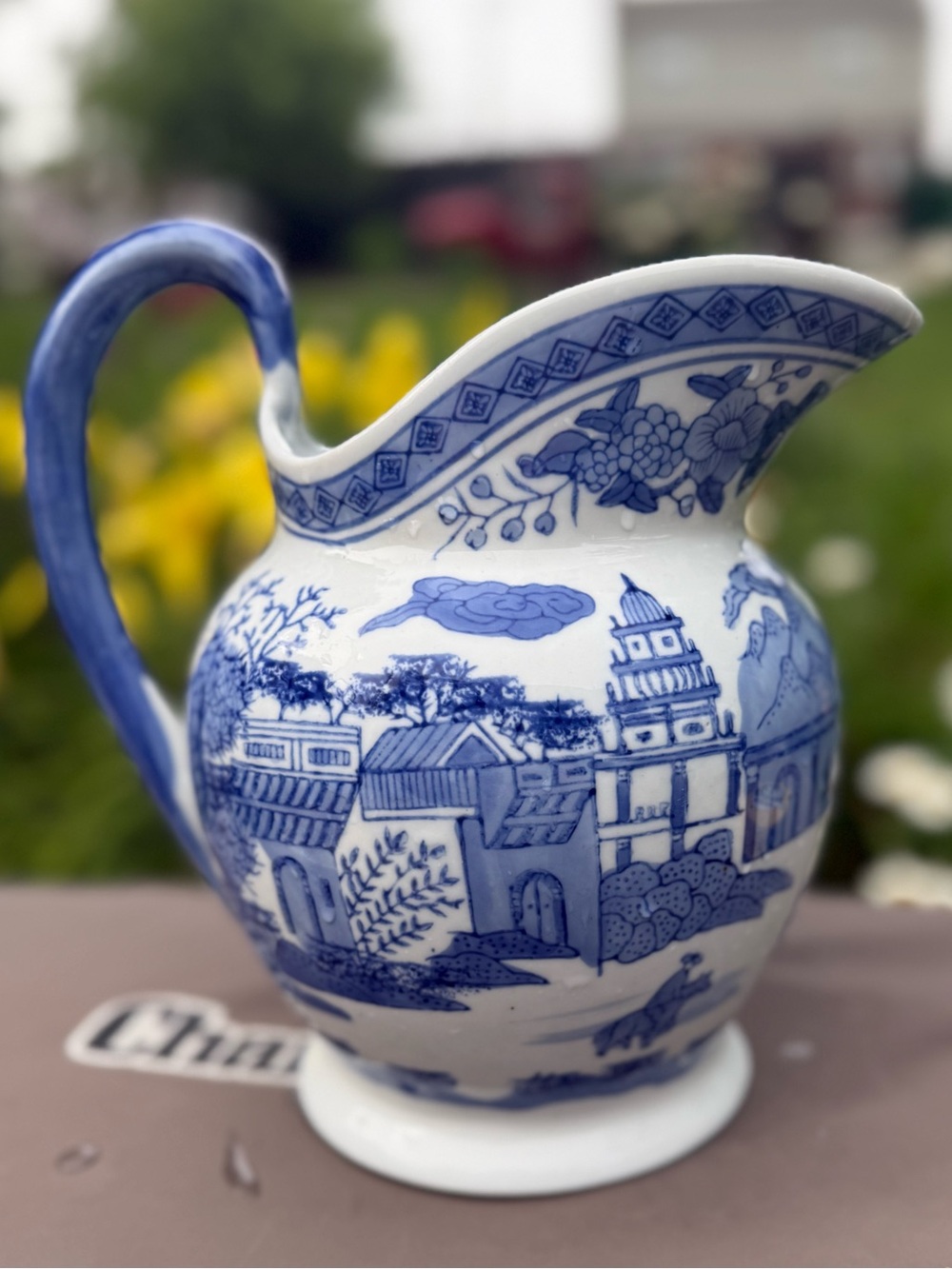 Vintage Blue White Porcelain Pitcher Chinoiserie Floral Transferware 9” China